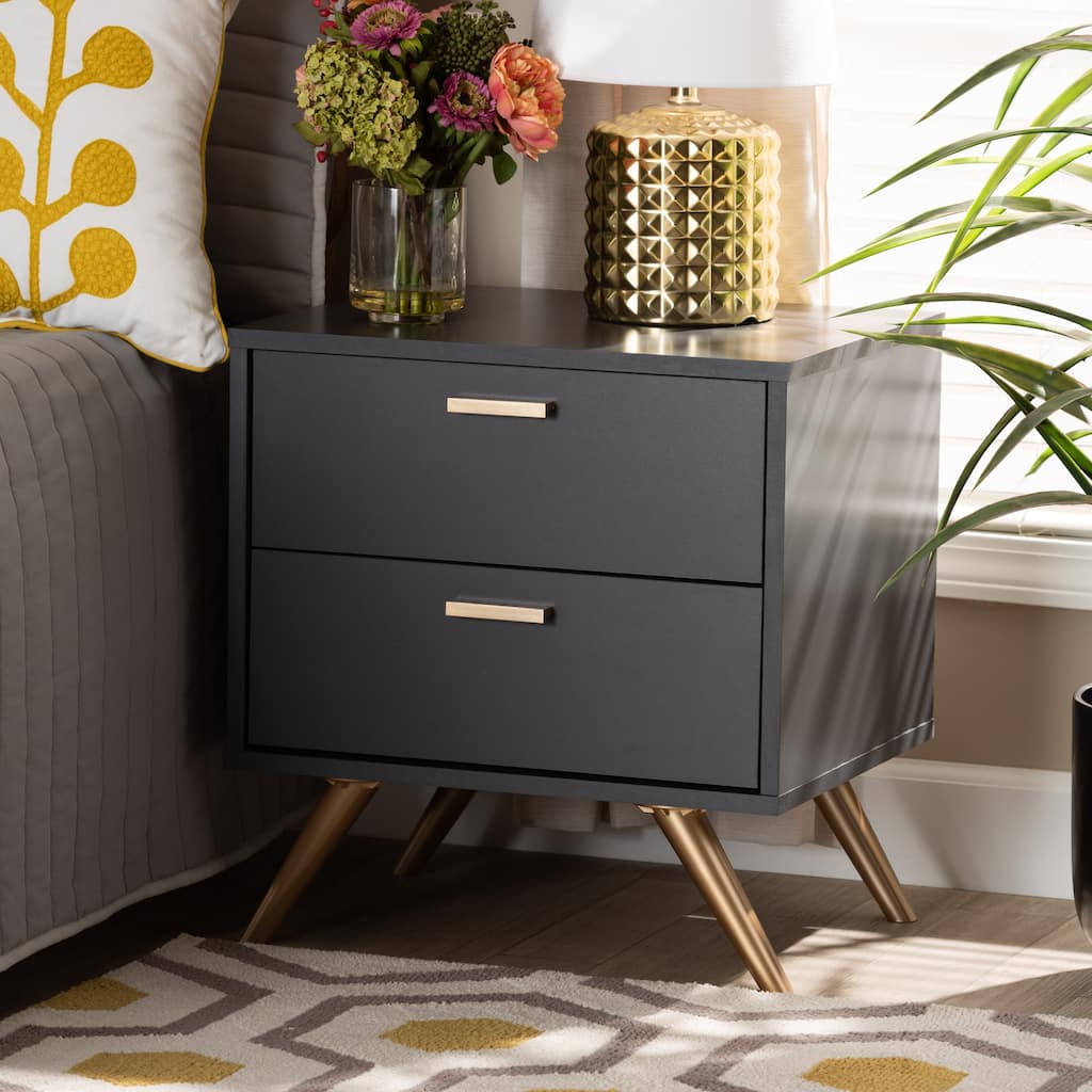 Kelson Modern Dark Grey and Gold Finished Wood 2-Drawer Nightstand