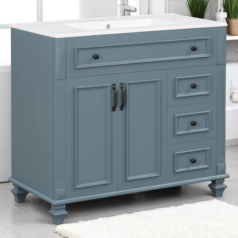 36" Bathroom Vanity with Sink, Freestanding White Cabinet with Gold Hardware, Ceramic Top, Flip Drawer, Soft-Close Doors
