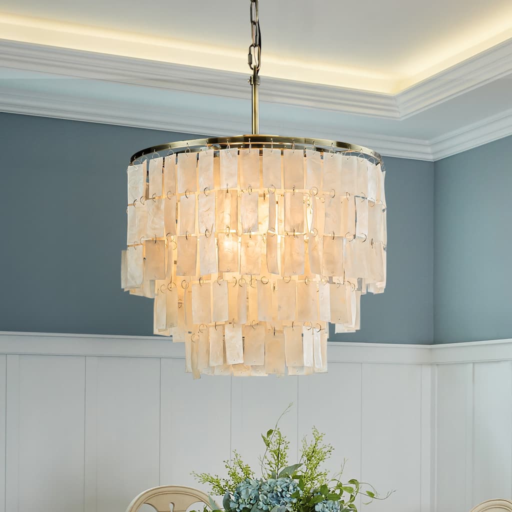Elegant Coastal Tiered Capiz Shell Chandelier In Bronze Farmhouse Natural Seashell Light Fixtures For Dining Room