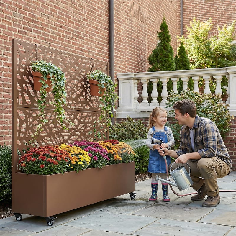 Metal Galvanized Planter Box with Trellis Privacy Screen Lockable Wheels