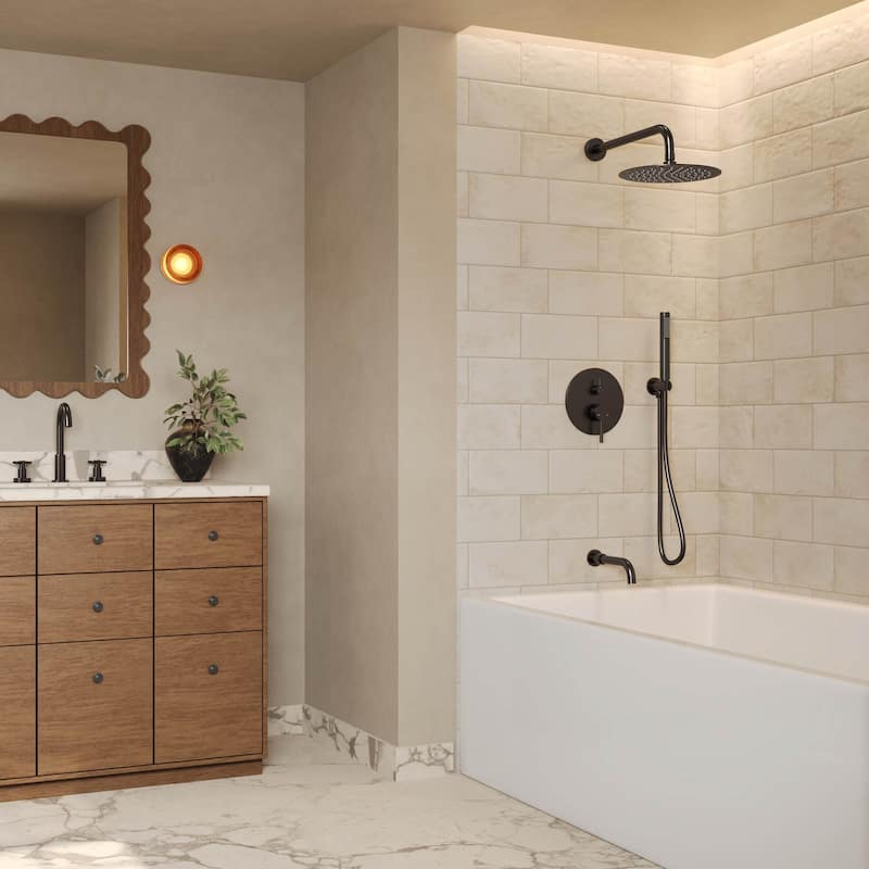 GRANDJOY 3-Function Bathroom Shower System with Rainfall Head, Handheld Unit, and Tub Spout