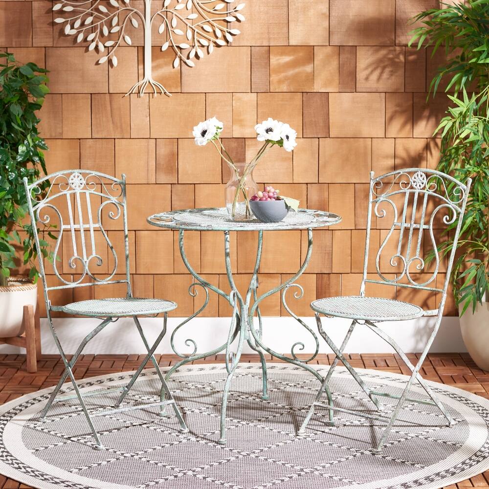 SAFAVIEH Outdoor Hailie Victorian Iron 3-Piece Patio Bistro Set. - 28"W x 28"D x 30"H