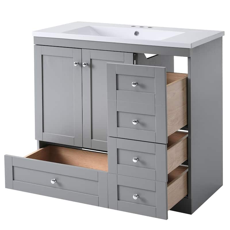 36" Shaker Style Free-Standing Bathroom Vanity Cabinet with Sink, 4 Soft-close Drawers and 2 Soft-close doors