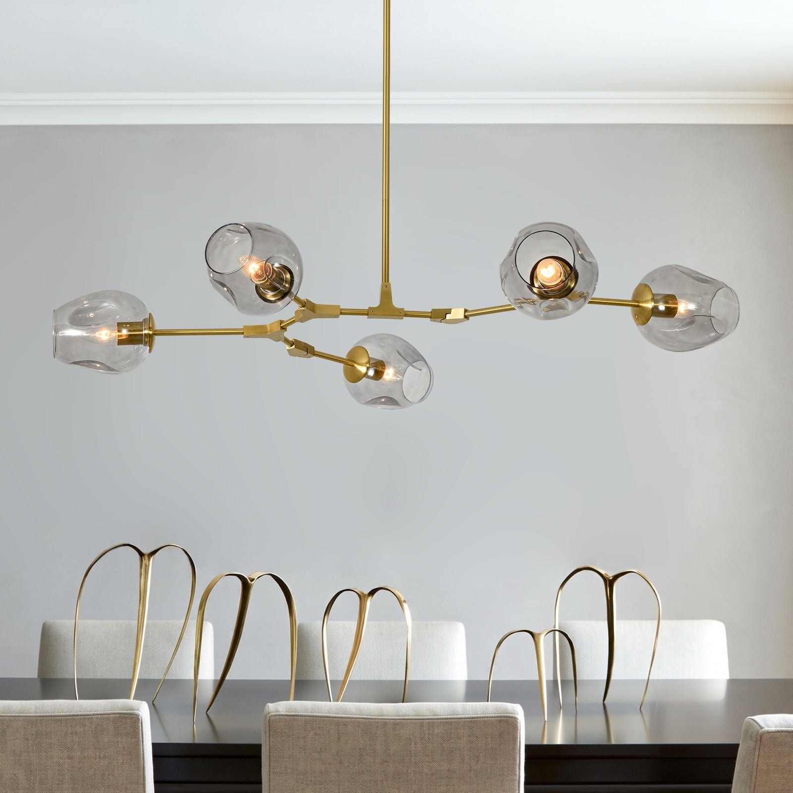 Mid-Century 5-Light Gray Glass Globe Branching Linear Chandelier