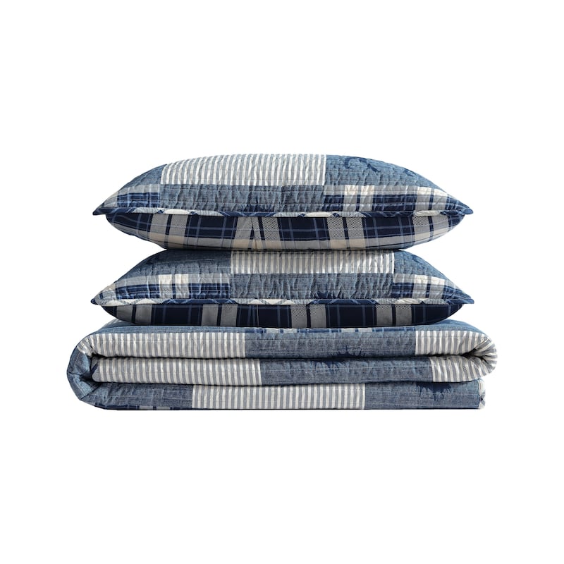 Eddie Bauer Moose Plaid Pinstripe Patchwork Cotton Blue Quilt Set
