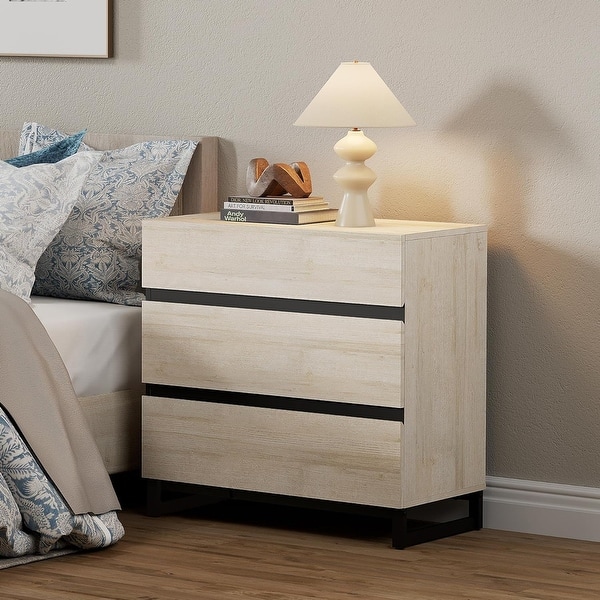 WAMPAT Nightstand with 3 Drawers for Bedroom, Modern Bedside Table with Black Square Iron Leg, Wood Rustic Side Table