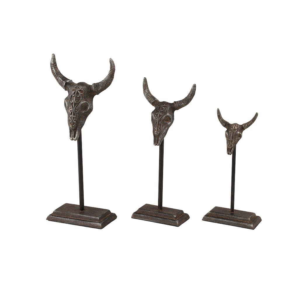 Metal Bull Head Decorative Sculpture - Set of 3 Gray - Roche River Decor