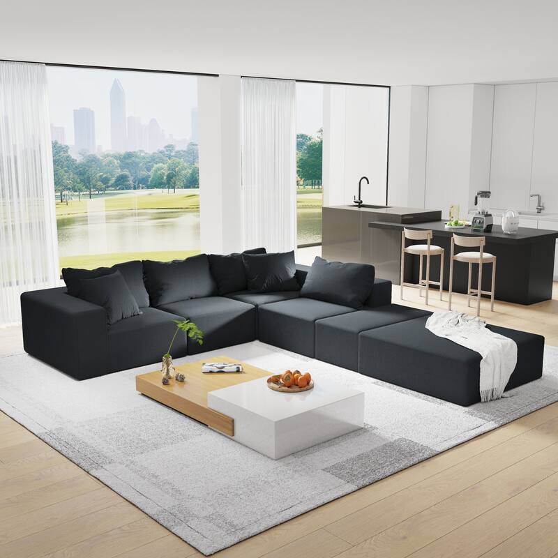 L Shaped Modular Sectional Sofa with Ottoman, Oversized Chenille Upholstered Boneless Sofa, Compression Sofa with 6 Pillows - Black