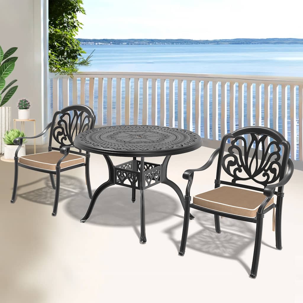 3/5-Piece Cast Aluminum Outdoor Dining Set with 39.37 in. Round Table and Seat Cushions