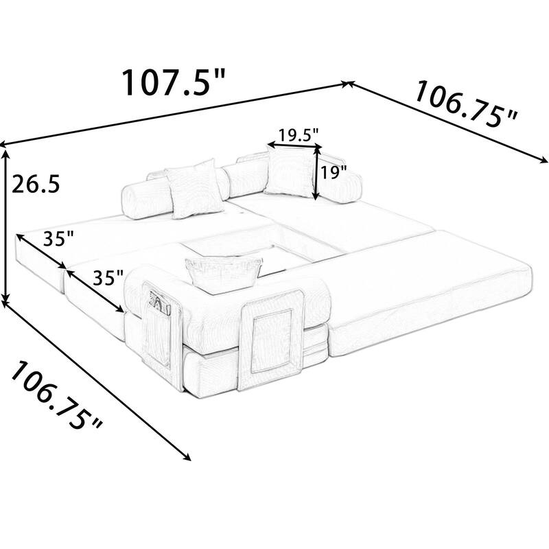 Versatile 7-in-1 Modular Folding Sectional Sofa with Chaise Convertible Corduroy Sleeper Sofa Bed with Removable Storage Bags