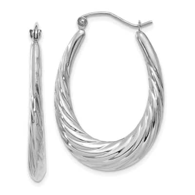Curata 14k White Gold Polished Textured Oval Hoop Post Earrings - 32x4mm