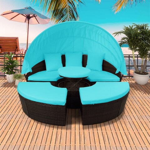 Leisure Zone Patio Round Rattan Daybed Sunbed with Retractable Canopy, Separate Seating