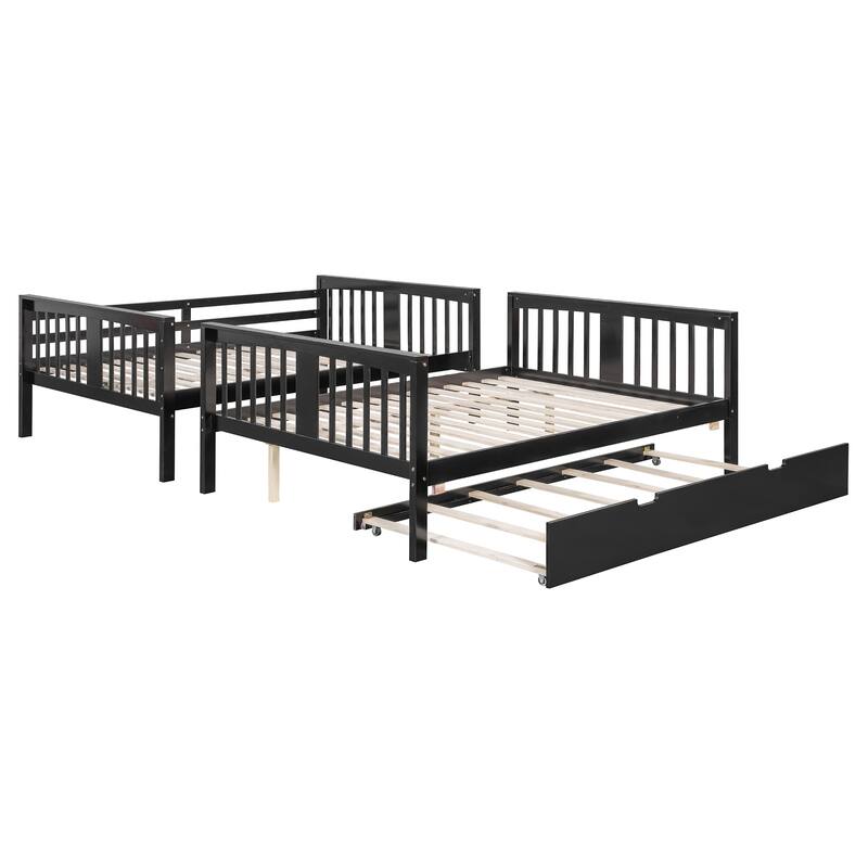 Full Size Wood Bunk Bed with Twin Size Trundle and Ladder, Divided Into 2 Individual Beds, Full Over Full Bunk Bed Frame