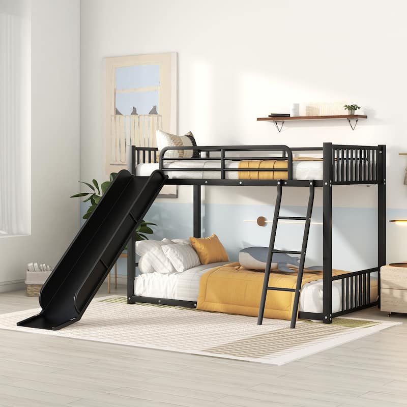 Twin Over Twin Metal Bunk Bed with Slide, Black - Space-Saving Kids Bed with Safety Railings