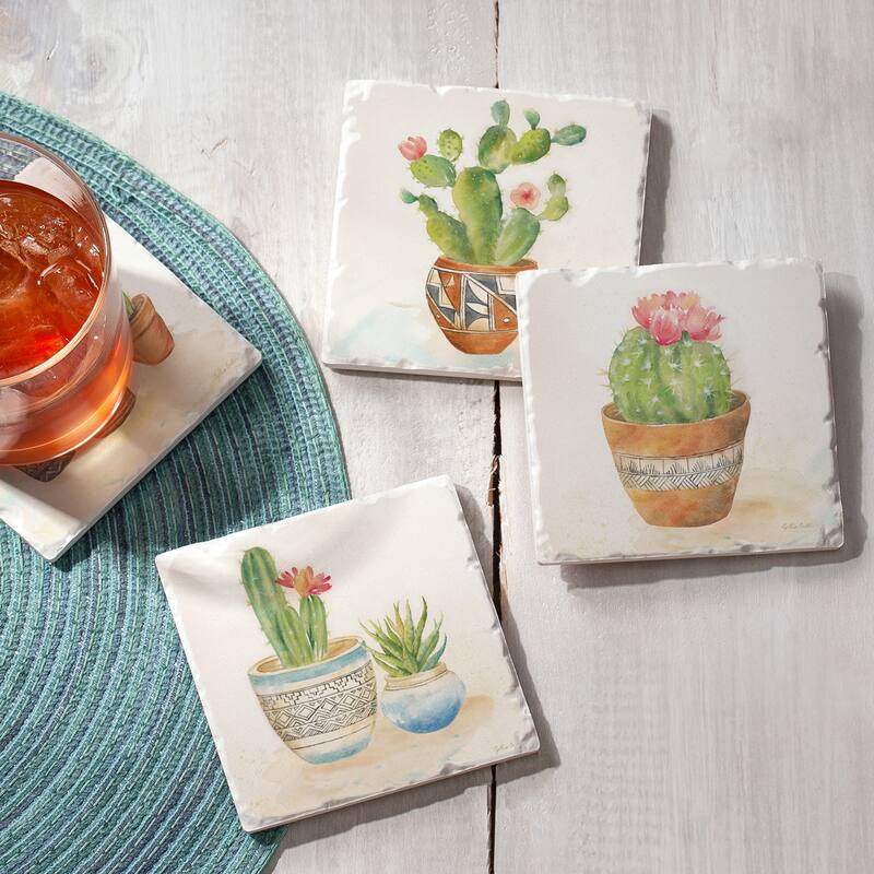 Counterart Absorbent Stone Coaster, Cactus Garden, Set of 4 - 4.01x4.12