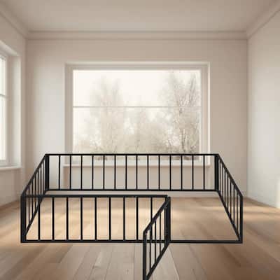 Twin Size Metal Floor Platform Bed Frame with Fence and Door, Fun and Sturdy Play Bed for Kids, Bedroom Furniture for Toddlers