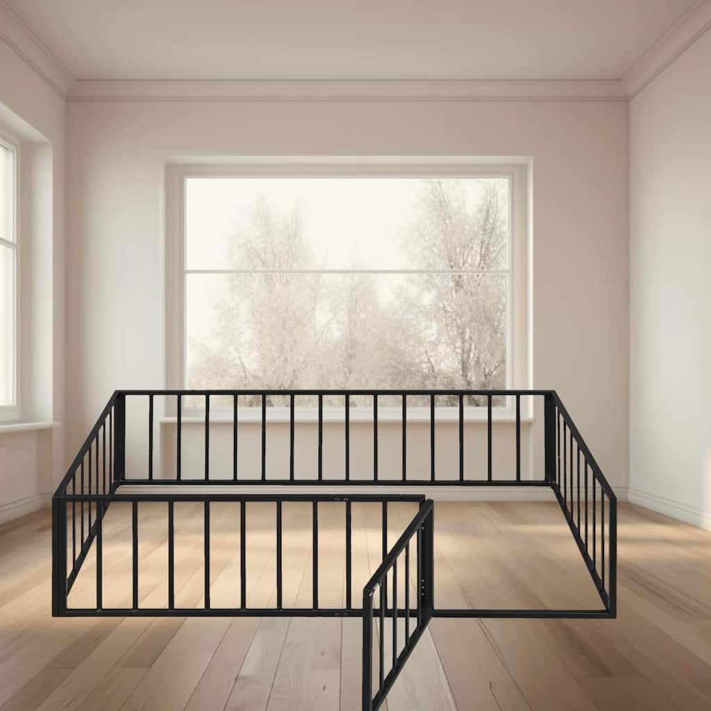 Twin Size Metal Floor Platform Bed Frame with Fence and Door, Fun and Sturdy Play Bed for Kids, Bedroom Furniture for Toddlers