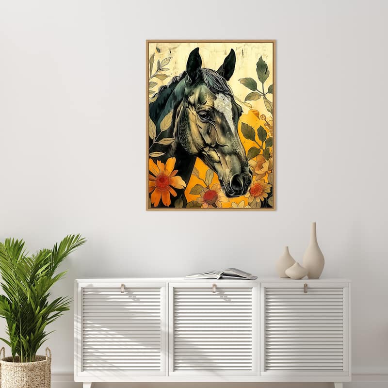 Dark Horse in Flowers by Justyna Jaszke Framed Canvas Wall Art