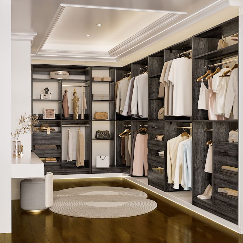Qvella 72''-204'' Corner Closet System with 10 Wooden Drawers and 10 Hanging Rods, Walk-in Closet Organizer Wardrobe Rack