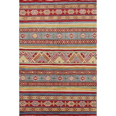 Striped Kazak Oriental Accent Rug Handmade Wool Carpet - 4'2" x 6'0"