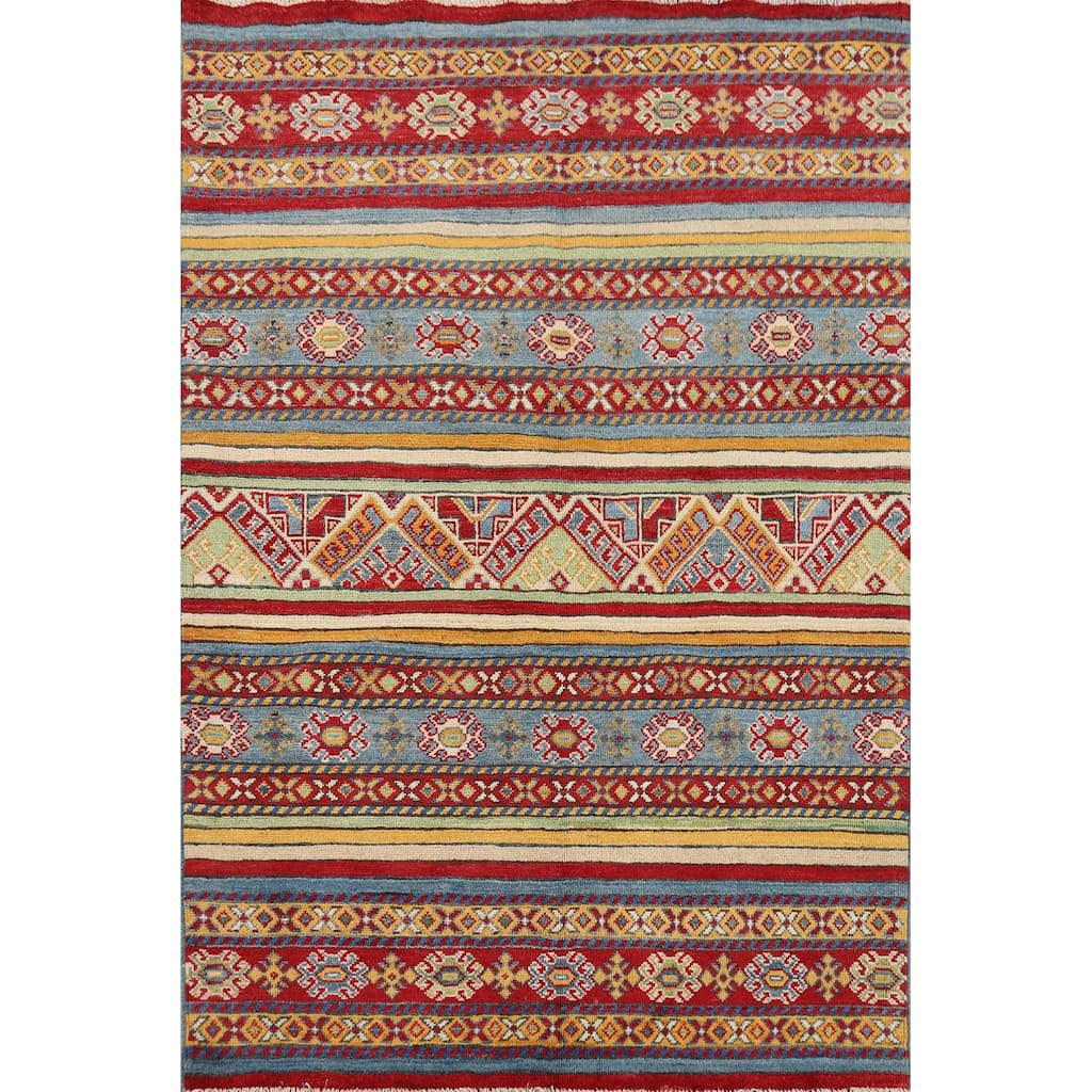 Striped Kazak Oriental Accent Rug Handmade Wool Carpet - 4'2" x 6'0"