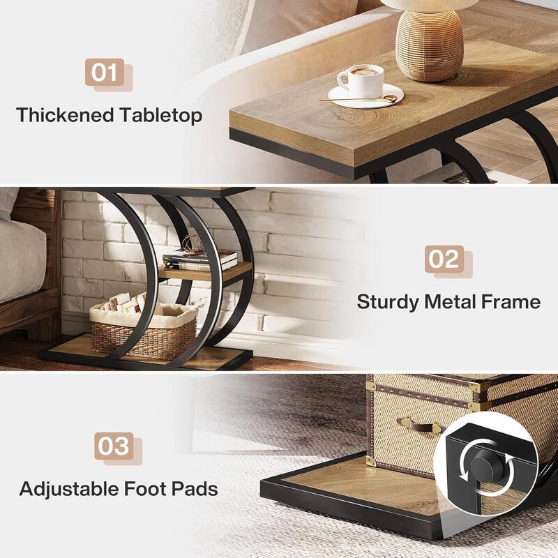 End Table for Living Room, 3-Tier Narrow Wood Couch C-Shaped Side Table