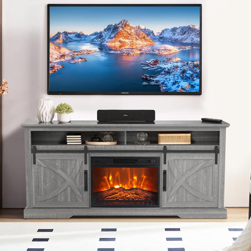 68" Farmhouse Sliding Barn Door Fireplace TV Stands Console Table with 23" Electric Fireplace