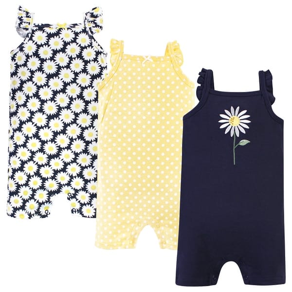 slide 1 of 1, Hudson Baby Infant Girl Cotton Rompers 3pk, Daisy 0 - 3 Months - Yellow/Blue