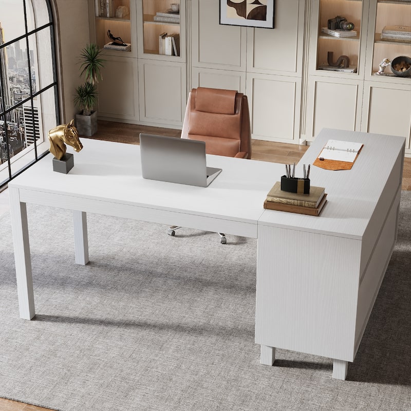 59-Inch L Shaped Desk with Storage Cabinet, Corner Executive Desk for Home Office