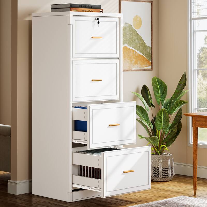 4-Drawer File Cabinet with Lock and Key, Vertical Filling Cabinet for A4/Letter/Legal Size Files - White (1-PC)