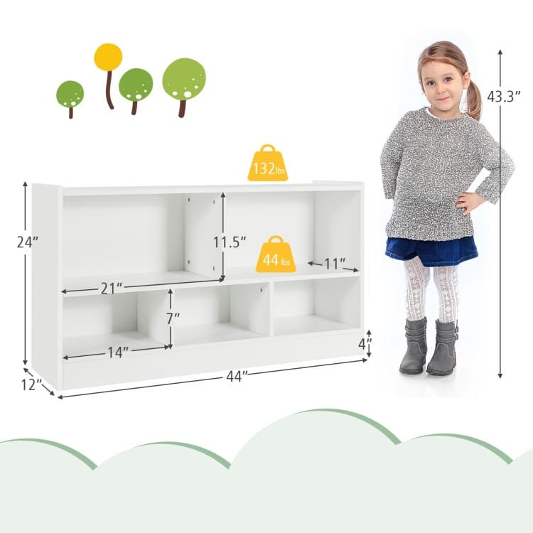 Children's Wooden Toy Storage Cabinet with 2 Shelves and 5 Cubes - 44" x 12" x 24" (L x W x H)