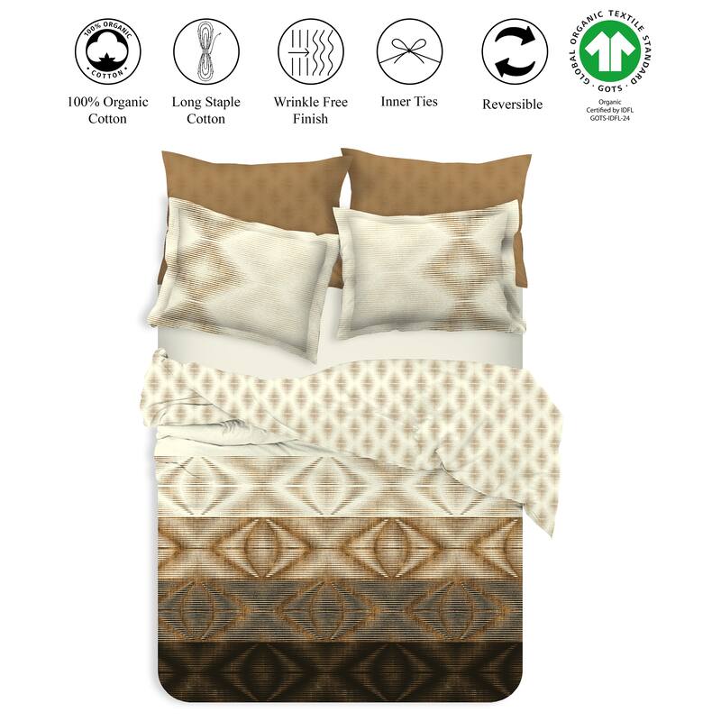 Delara GOTS Certified 100% Organic Cotton Aztec Reversible Print Duvet Cover and Sham Set of 2, Beige/Brown