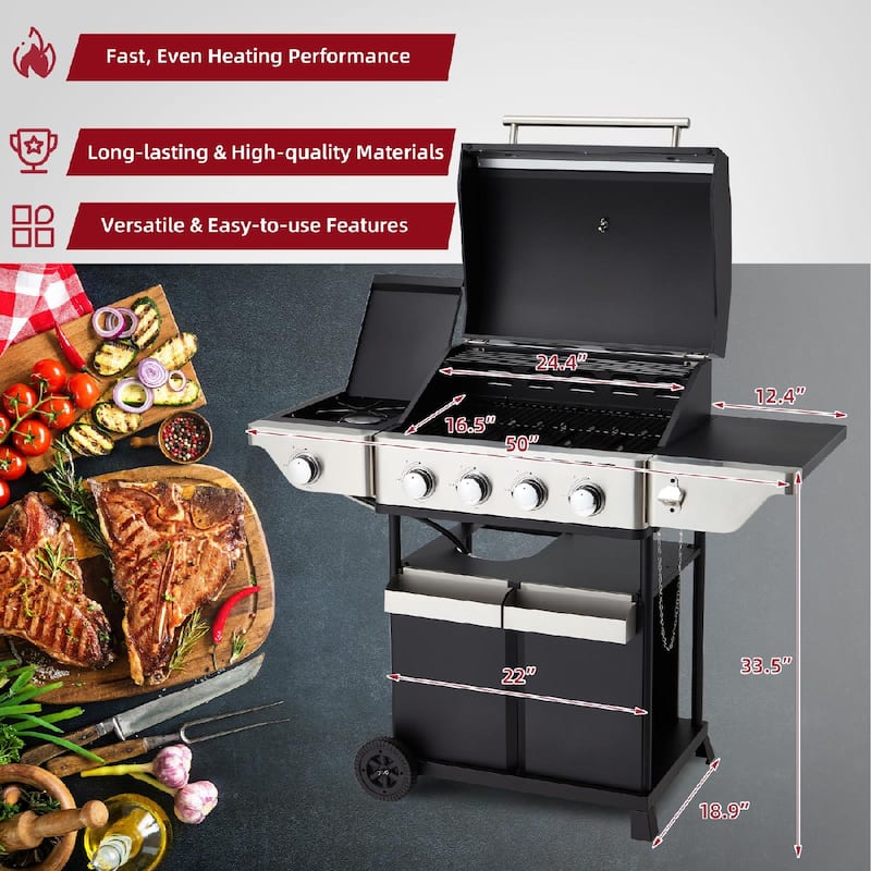 Outdoor BBQ Gas Grill - 58K BTU, Stainless Steel, with Stove & Side Table, perfect for camping, picnics, and gatherings