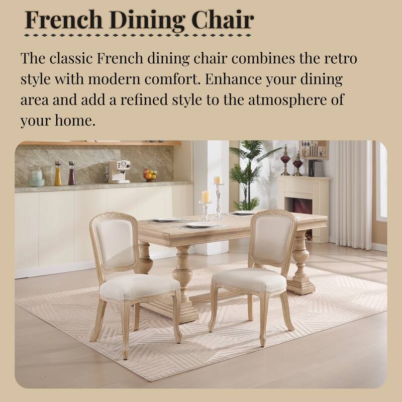 Cotton Linen Dining Chairs Set of 2, Upholstered Armless Side Chair, Kitchen Chairs with Fan-Shaped Back & Solid Wood Legs - Beige