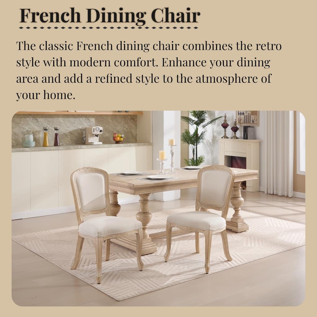 Cotton Linen Dining Chairs Set of 2, Upholstered Armless Side Chair, Kitchen Chairs with Fan-Shaped Back & Solid Wood Legs