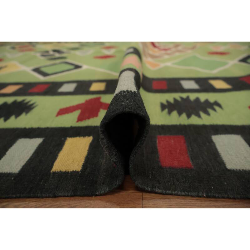 Hand Woven Oriental 100% Wool Carpet Southwestern Tribal Green Kilim Area Rug - 13' 4'' X 8' 5''
