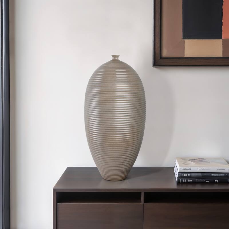 Pottery Floor Vase Ribbed Elongated Silhouette Tall Flower - 28" Beige - Beige - 15" x 15" x 28"