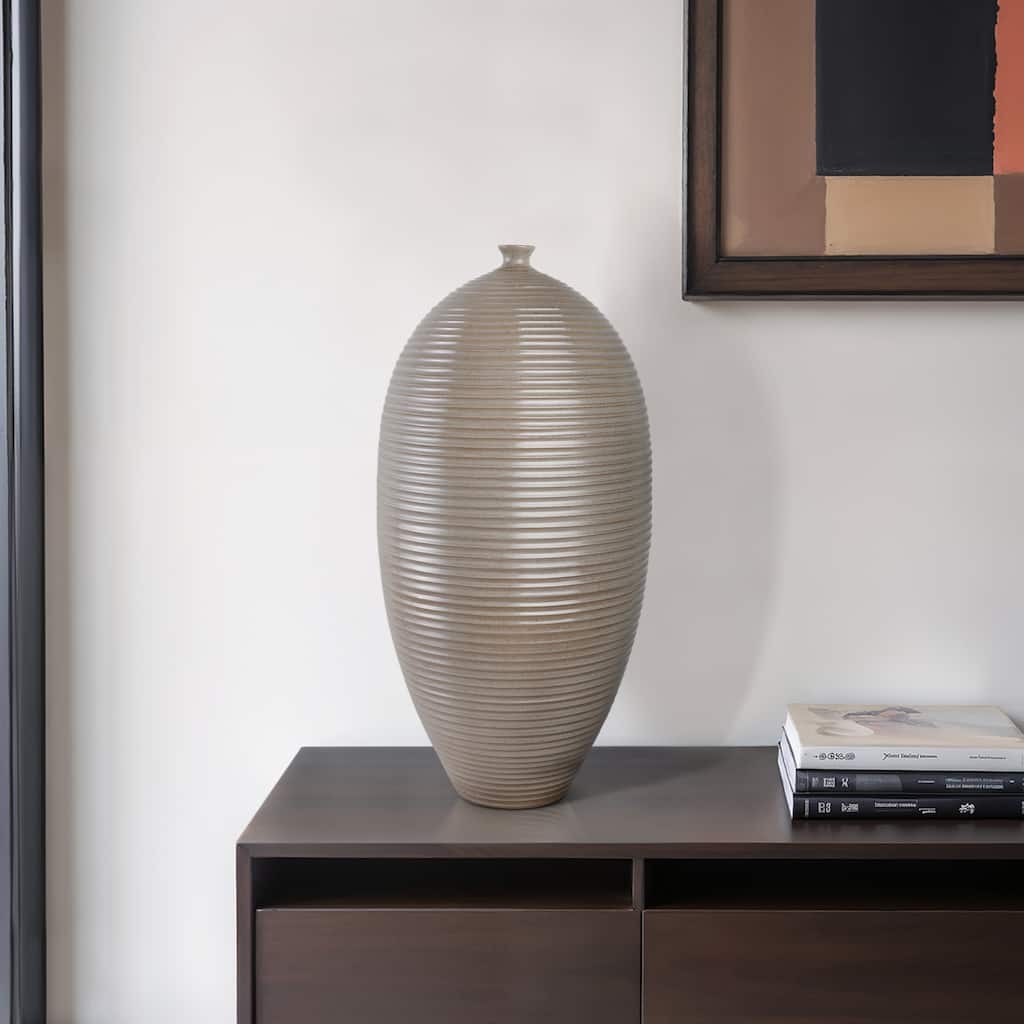 Pottery Floor Vase Ribbed Elongated Silhouette Tall Flower - 28" Beige