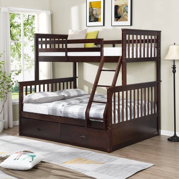 slide 2 of 25, Twin over Full Size Solid Wood Stairway Bunk Bed with Ladder and Fence for Bedroom Dark Brown