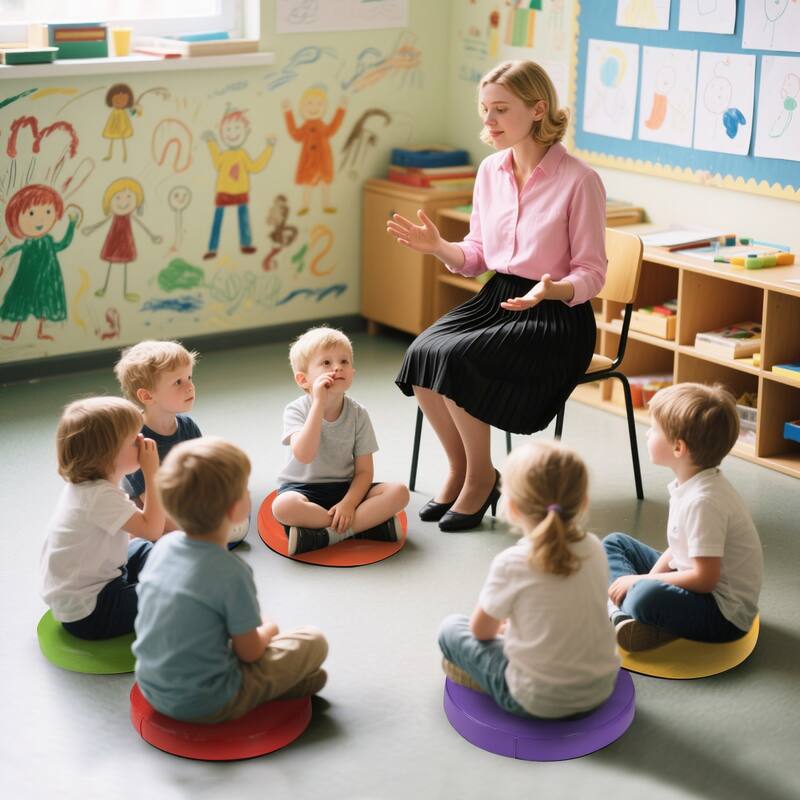 Set of 6 Colorful Stackable Kids Floor Cushions with Handles and PU Foam Seats for Classroom or Home - 14" x 14" x 2.5"