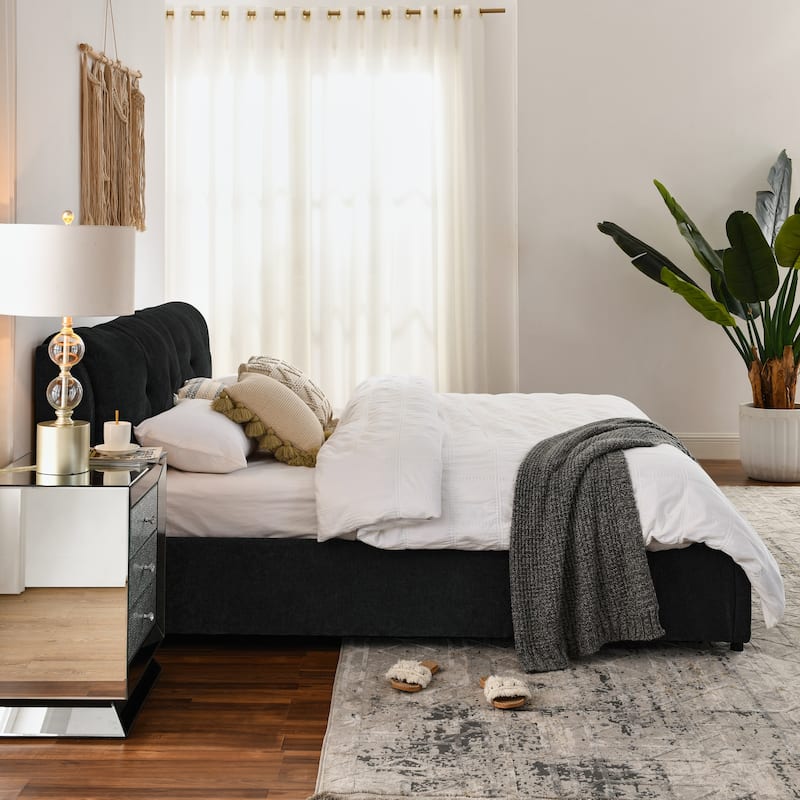 King Size Chenille Upholstered Low Platform Bed with Hydraulic Storage