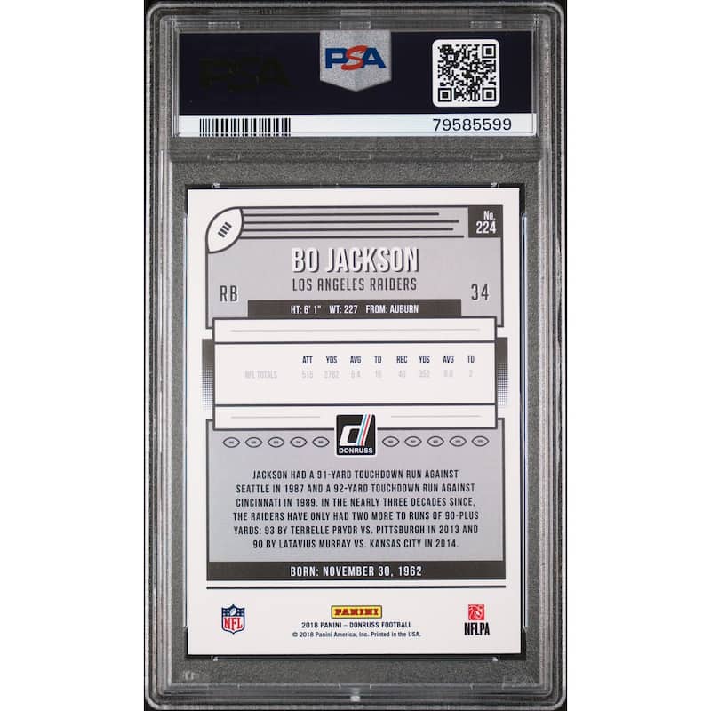Bo Jackson 2018 Panini Donruss Football Card #224 Graded PSA 10 - 8'6" x 11'6"
