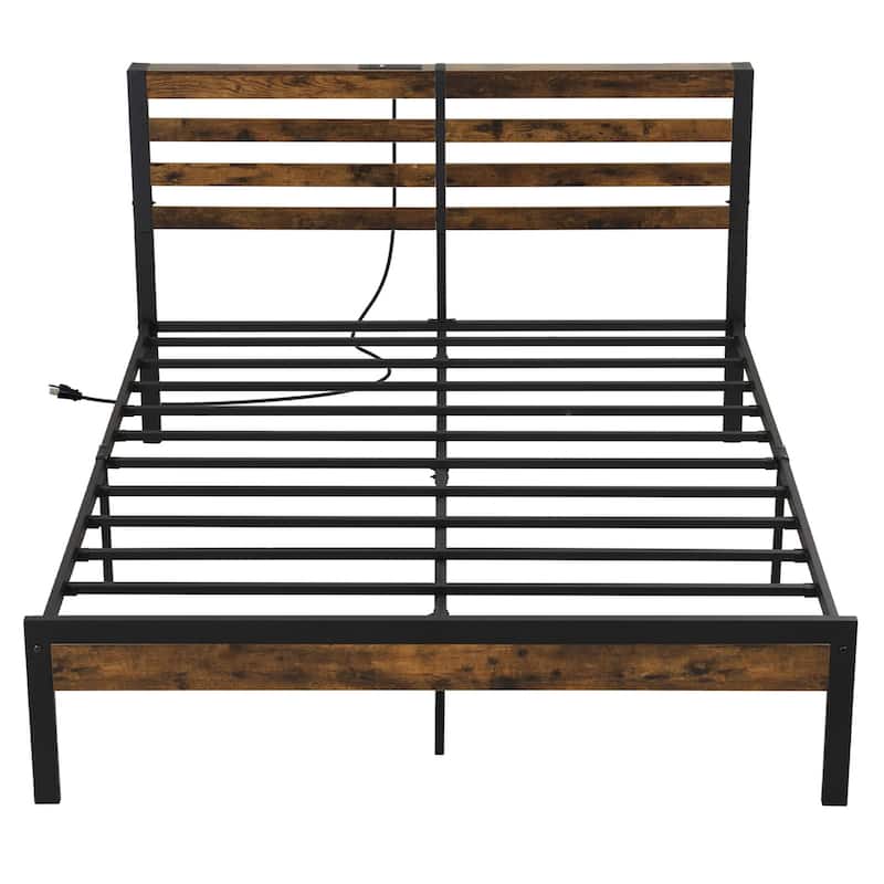 Costway Full Industrial Metal Platform Bed Frame Charging Station - Queen