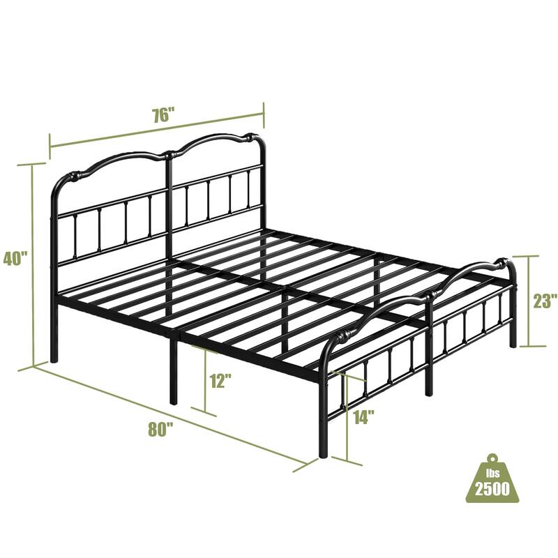 14" High Heavy Duty Metal Bed Frame with Vintage Style, Supports up to