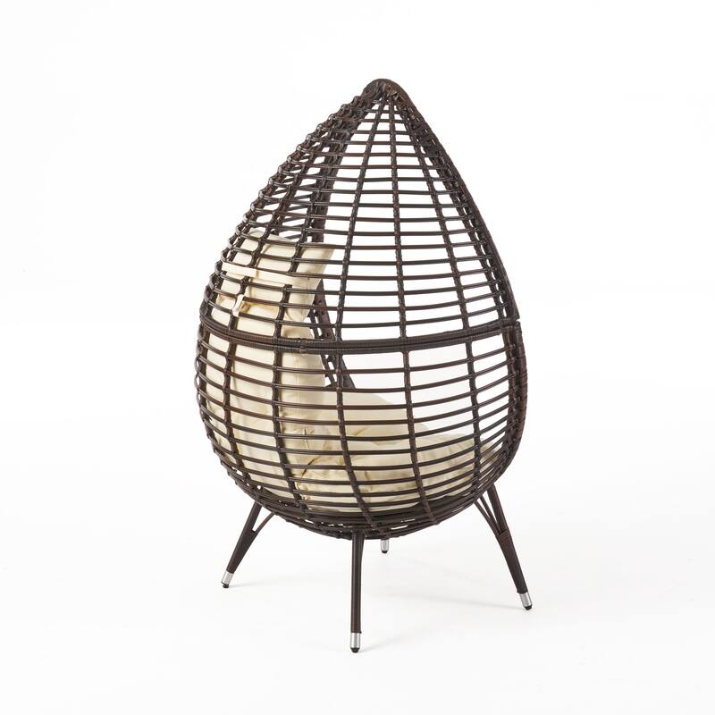 Roomfitters Outdoor Indoor Wicker Egg Chair, Teardrop Lounge Chair with Soft Cushions and Metal Legs for Patio, Brown+Beige