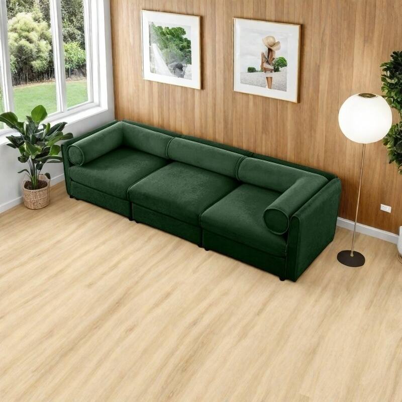 Modern Chenille 6-Seater Sofa with Ottoman Storage, Hidden Storage, Cylindrical Cushioned Arms and Backrest - 3 Seater Green