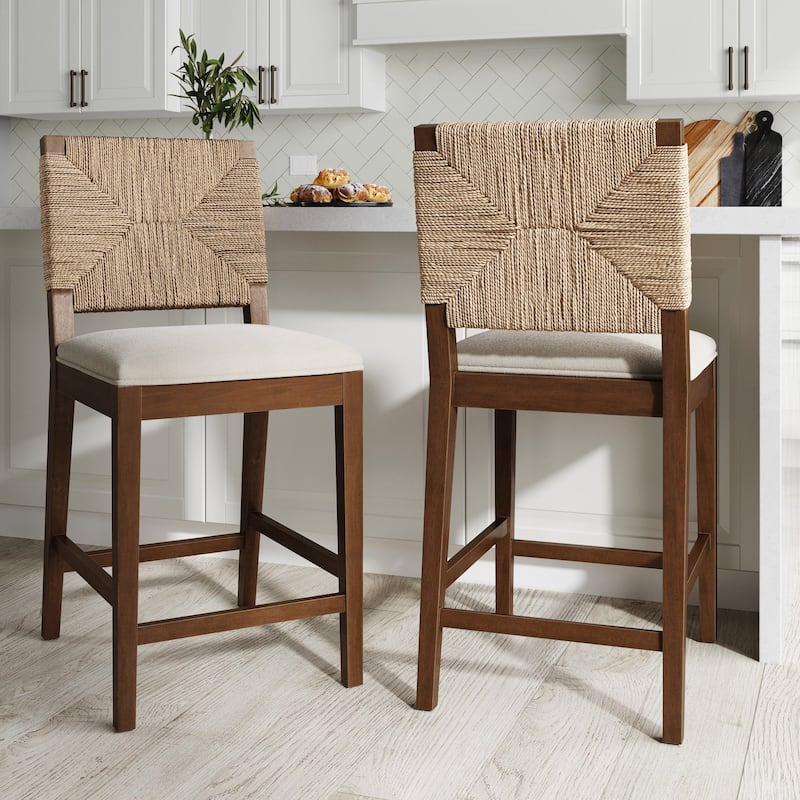 Beacon Bohemian Boucle Bar Stool, Upholstered Counter Height Chair with Solid Wood Frame and Woven Seagrass Back - Set of 2 - Cream Boucle/Dark Brown - Counter Height