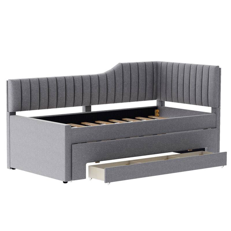Versatile Upholstered Daybed with Trundle & 3 Drawers, Solid Wood Sofa Bedframe w/Backrest Design, for Living Rooms Guest Rooms