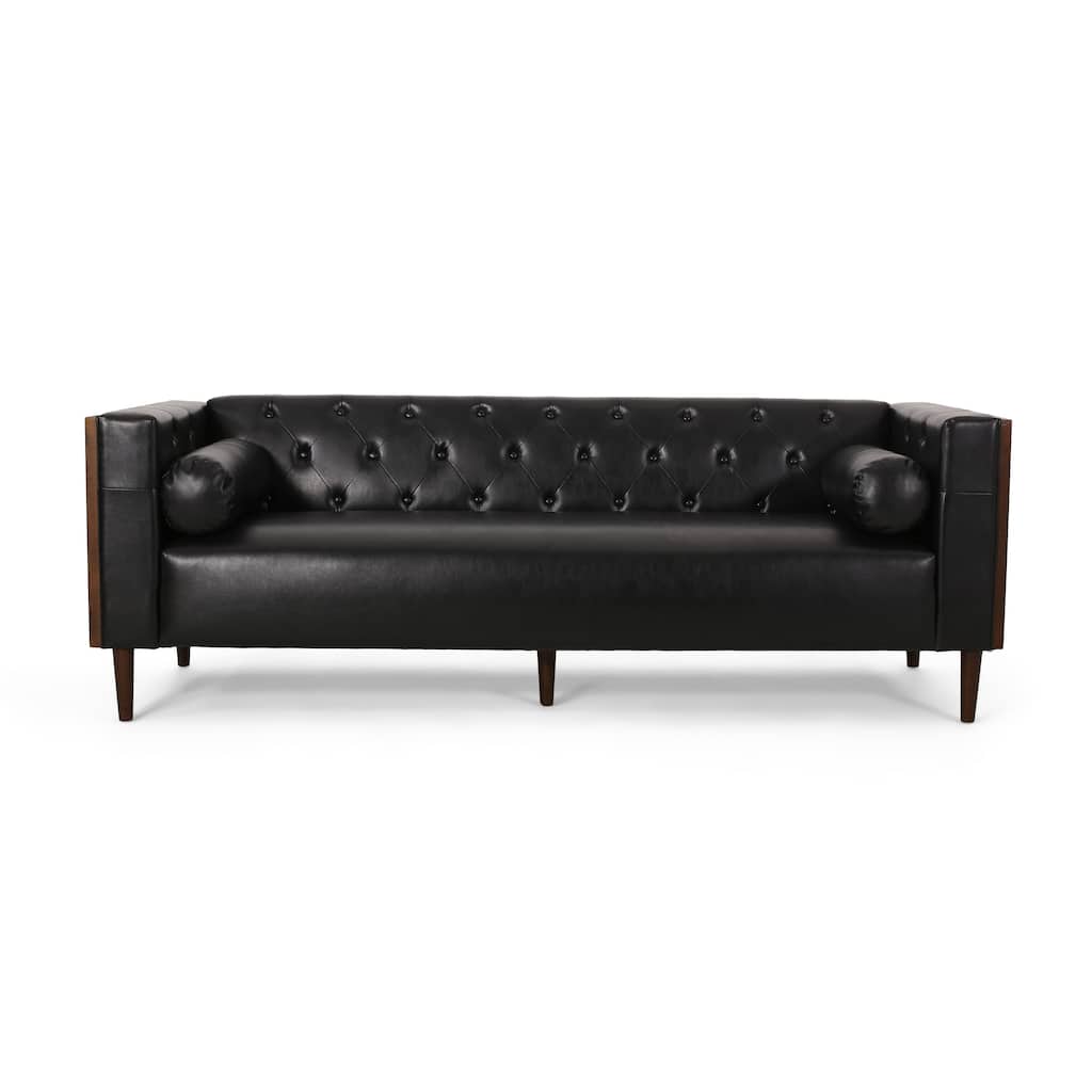 Black Faux Leather Button Tufted 3-seater Sofa with Birch Wood Legs