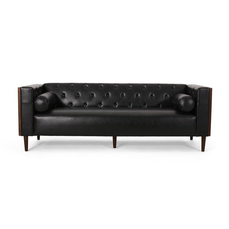 Faux Leather Button Tufted 3-seater Sofa with Birch Wood Legs - Black